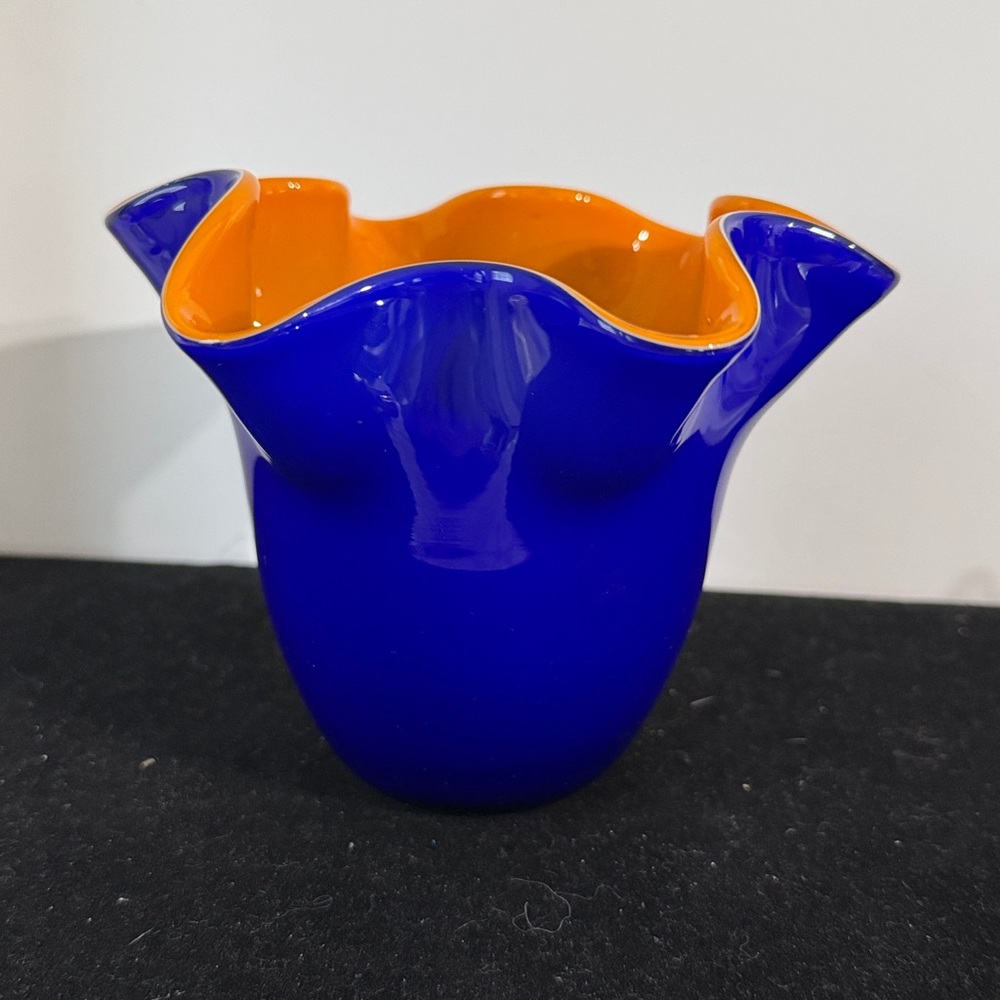 Gorgeous Handblown Art Glass Cobalt Blue And Orange Glass Hankerchief Vase.  5”
